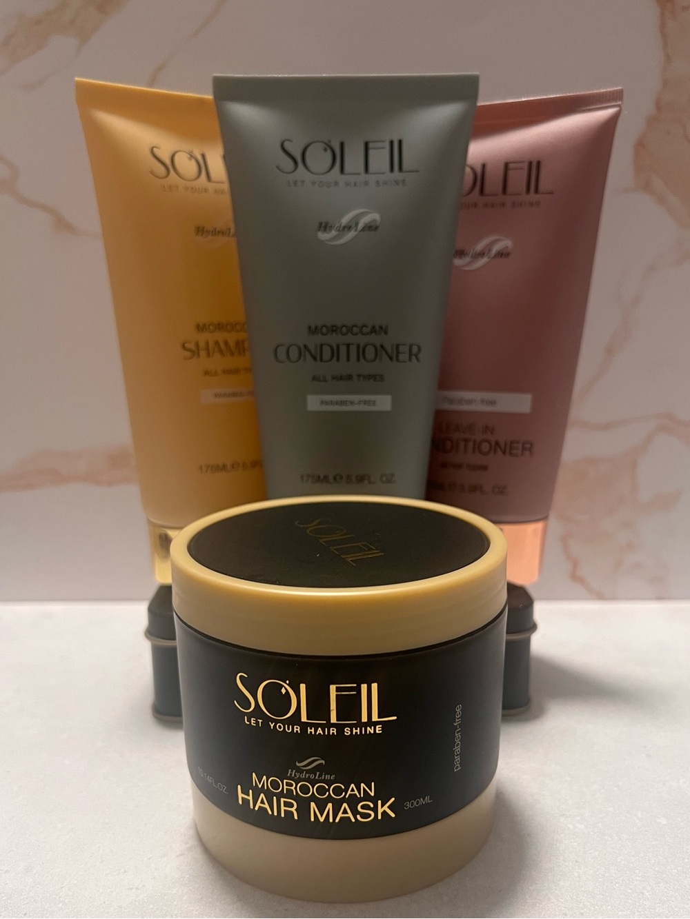 4 PIECE - Soleil HydroLine Moroccan Hair Mask - Shampoo & Conditioner, Leave-Set